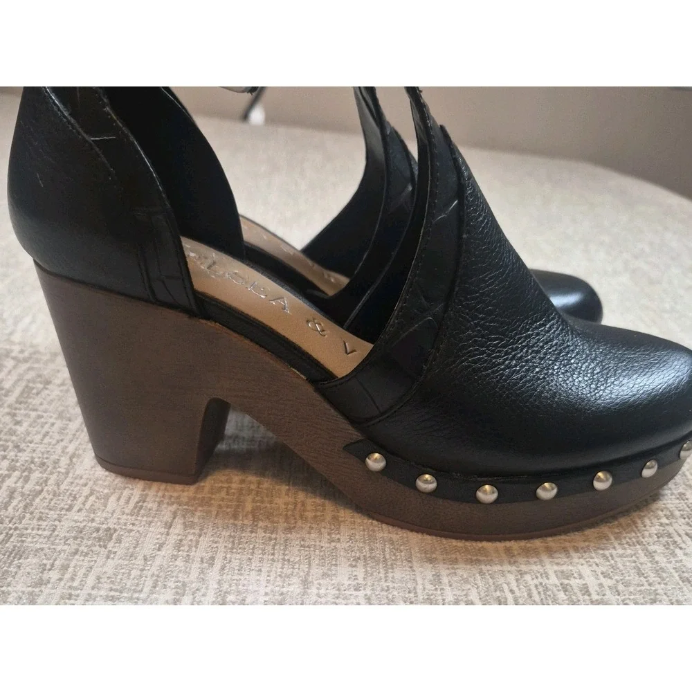 Chelsea & Violet Black Leather Heeled Clogs Studded Ankle Strap Shoes Size